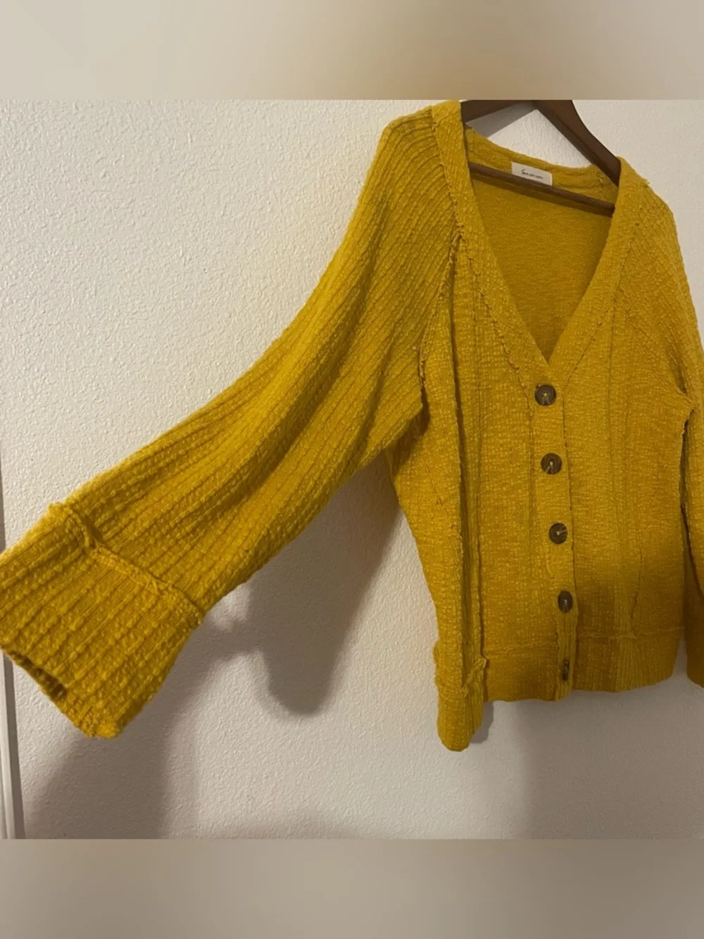 Two by Vince Camuto Large Mustard Textured cotton blend button-up cardigan